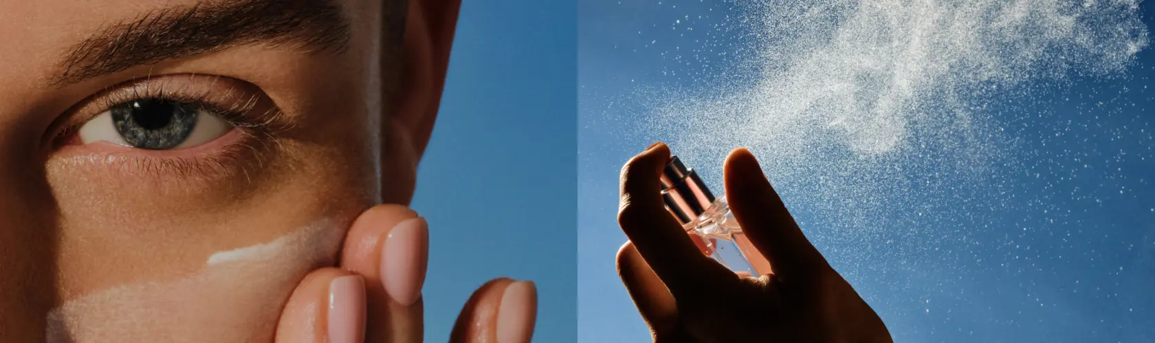 A woman applying product to her face and spraying a perfume bottle